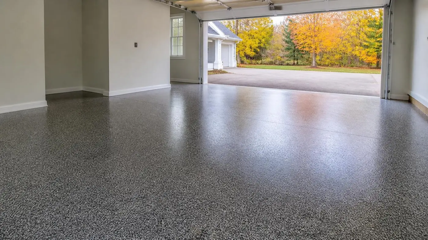 Two-car garage with a glossy gray and black flake epoxy floor and autumn trees outside